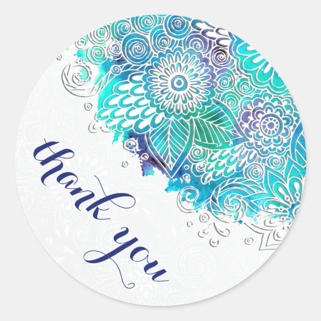 Adesivo Redondo Azul e Teal Floral Mandala Obrigado (Frente)