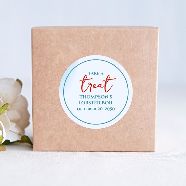 Adesivo Redondo Azul e Vermelho assumem um costume (Custom red and watercolor blue treat sticker.)