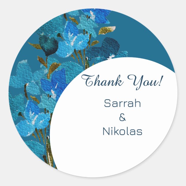 Adesivo Redondo Azul Elegante Flores Selvagens (Frente)