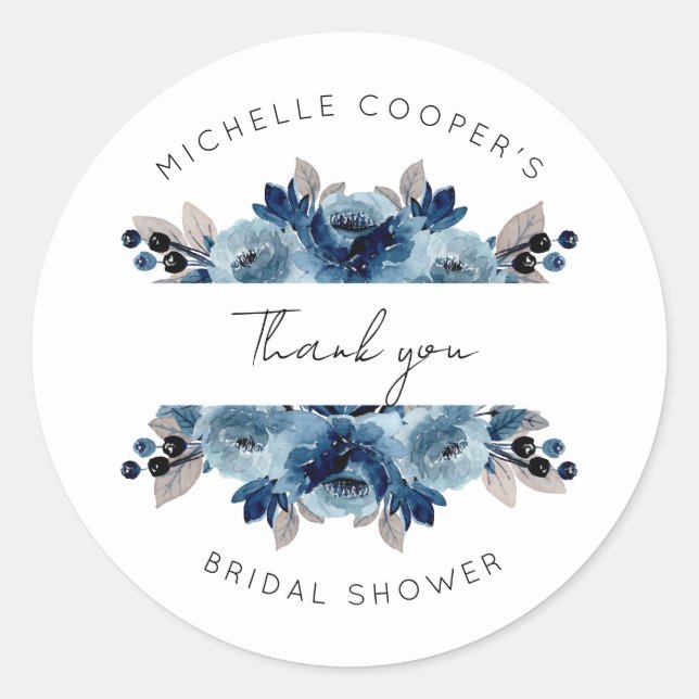 Adesivo Redondo Azul Empoeirado e Floral Marinho Obrigada (Frente)