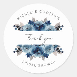 Adesivo Redondo Azul Empoeirado e Floral Marinho Obrigada