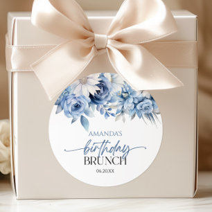 Adesivo Redondo Azul Empoeirado Floral Flores Aniversário Brunch F