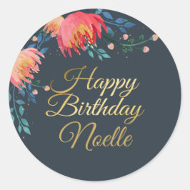 Adesivo Redondo Azul Escuro, Elegante, Flores Whimsical, Destaque 