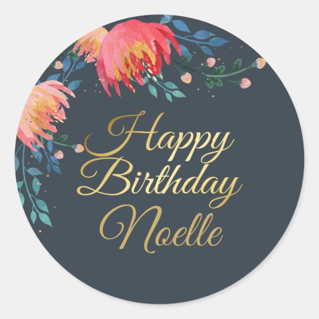 Adesivo Redondo Azul Escuro, Elegante, Flores Whimsical, Destaque  (Frente)