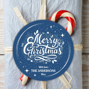 Adesivo Redondo Azul festivo moderno e branco Feliz Natal