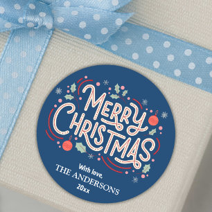 Adesivo Redondo Azul festivo moderno e branco Feliz Natal