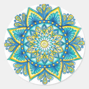 Adesivo Redondo Azul Floral Mandala Amarelo Turquesa