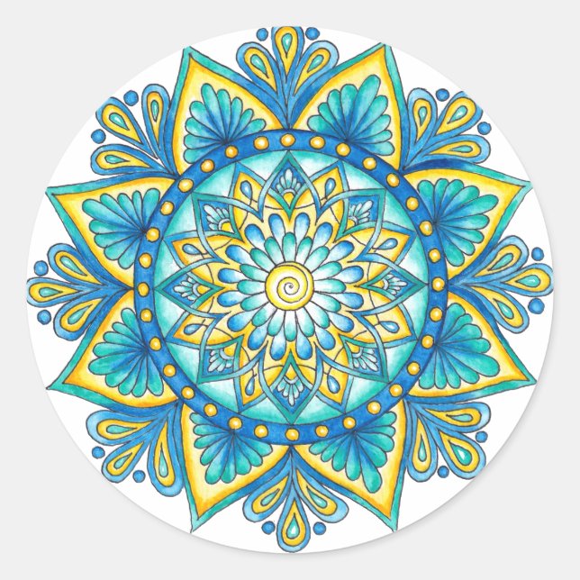 Adesivo Redondo Azul Floral Mandala Amarelo Turquesa (Frente)