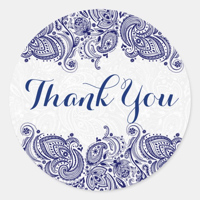Adesivo Redondo Azul Floral Paisley Branco Fundo (Frente)