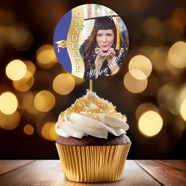 Adesivo Redondo Azul | Foto do Boné Formando de onda do Formando D (Blue | Gold Graduate Wave Grad Cap Photo Classic Round Sticker)