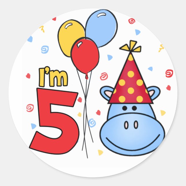 Adesivo Redondo Azul Hippo Face 5 Birthday (Frente)