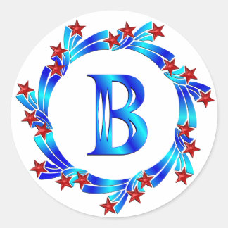 Adesivo Redondo Azul - Letra B Monograma - Estrelas Vermelhas