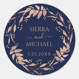Adesivo Redondo Azul Marinho | Casamento de Folhagem Dourada Elega