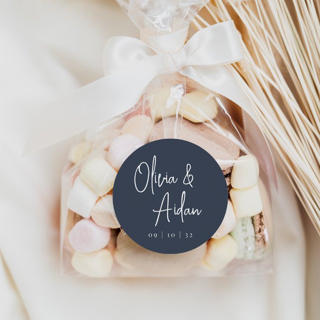 Adesivo Redondo Azul Marinho | Casamento de Script Manuscrito Mode (Criador carregado)