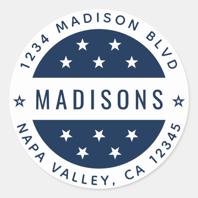 Adesivo Redondo Azul Marinho & Estrelas Brancas Endereço de Devolu (Frente)