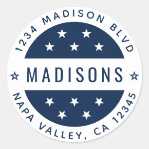 Adesivo Redondo Azul Marinho & Estrelas Brancas Endereço de Remess