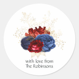 Adesivo Redondo Azul Marinho, Floral Vermelho e Dourado