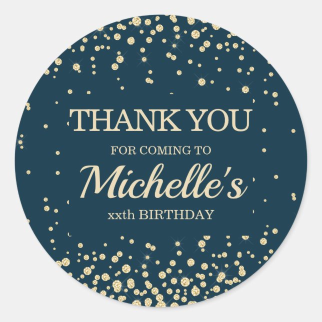 Adesivo Redondo Azul-marinho Moderno Dourado Brilho Aniversário Ob (Frente)