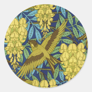 Adesivo Redondo Azul Marinho Vintage com Padrão Floral Amarelo