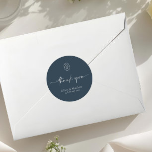 Adesivo Redondo Azul Meia-Noite   Monograma de Casamento Chic & Mo