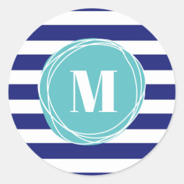 Adesivo Redondo Azul Moderno E Aqua Stripes Monograma
