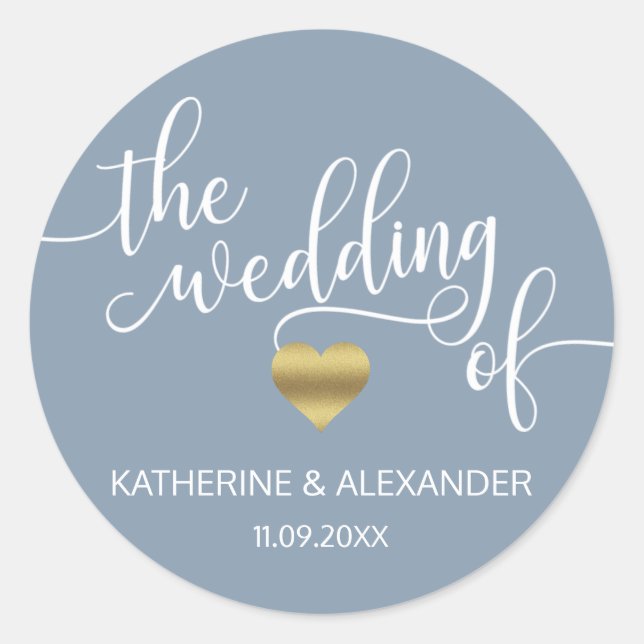 Adesivo Redondo Azul moderno e Dourado, o casamento das focas (Frente)