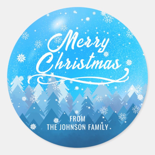 Adesivo Redondo Azul Neve Branca Floresta Pacífica Feliz Natal (Frente)