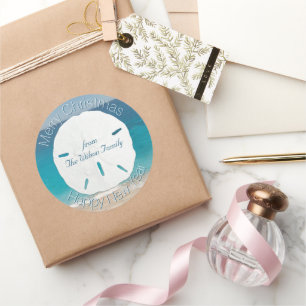 Adesivo Redondo Azul Oceano Areia Feliz Natal De