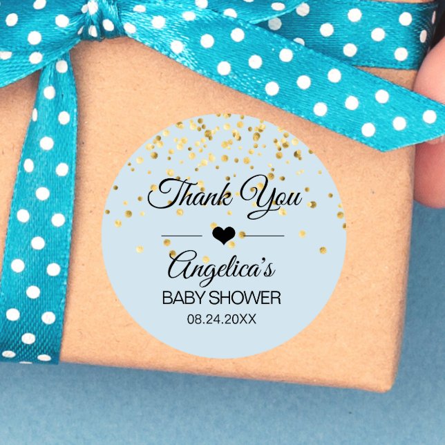 Adesivo Redondo Azul personalizado e Chá de fraldas Dourado Obriga (Personalized Blue and Gold Baby Shower Thank You Classic Round Sticker)