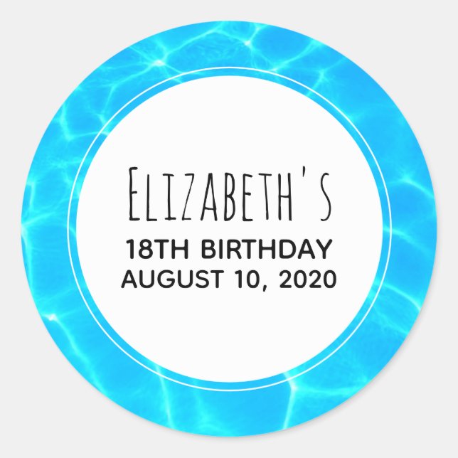 Adesivo Redondo Azul Piscina Clara Foto de Água Aniversário (Frente)