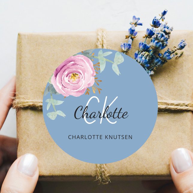 Adesivo Redondo Azul poeirento rosa floral eucalipto obrigado (Criador carregado)