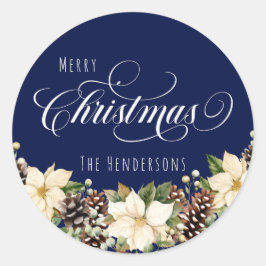 Adesivo Redondo Azul Poinsettia de Natal Branco