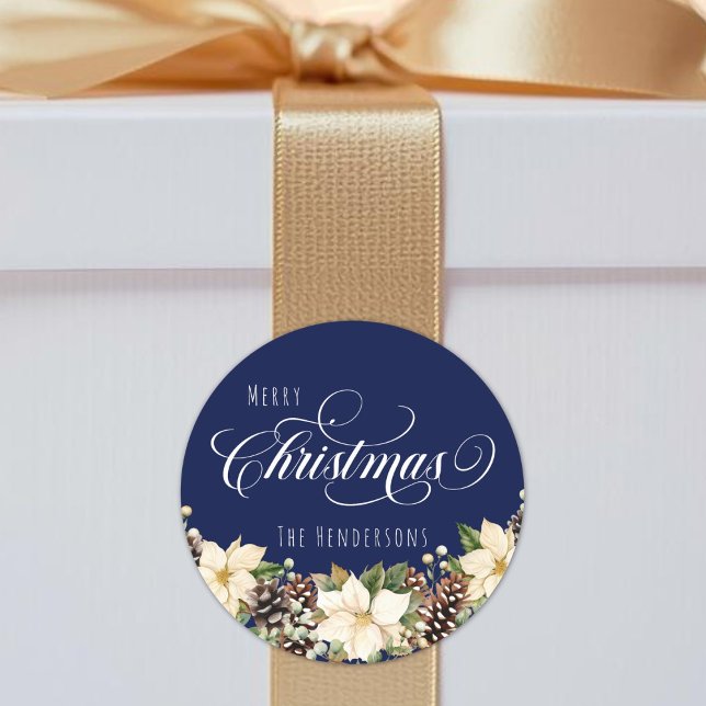 Adesivo Redondo Azul Poinsettia de Natal Branco (White Christmas Poinsettia blue Classic Round Sticker)