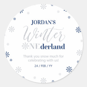 Adesivo Redondo Azul Prata Inverno onederland Obrigado neve muito