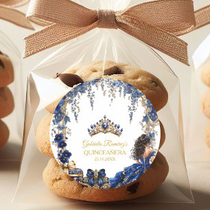 Adesivo Redondo Azul Real Tiara Floral Dourada Quinceañera