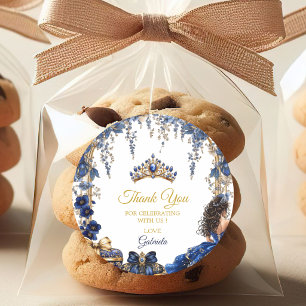 Adesivo Redondo Azul Real Tiara Floral Dourada Quinceañera