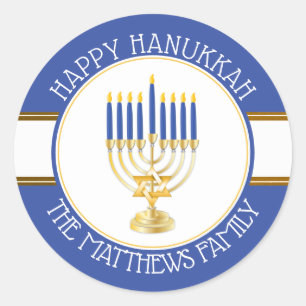 Adesivo Redondo Azul   Ronda Clássica Dourada Menorah Happy Hanuk