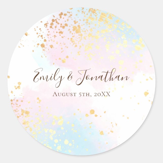 Adesivo Redondo Azul-rosa Azul-Vazia Dourado Nomes Data Casamento (Frente)