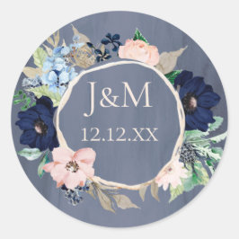 Adesivo Redondo Azul, Rosa Dourado, Aquarela Floral