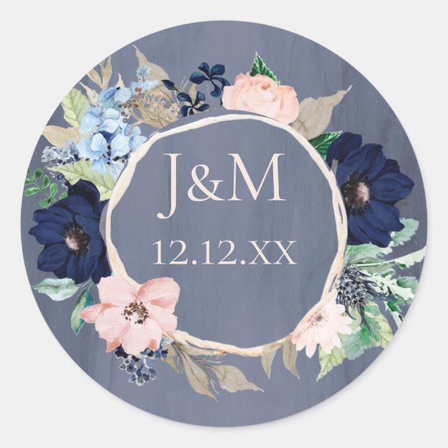 Adesivo Redondo Azul, Rosa Dourado, Aquarela Floral (Frente)