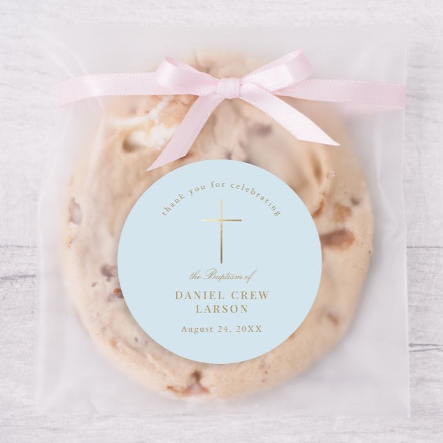 Adesivo Redondo Azul, Simples Elegante, Dourado, batismo, Christen (Criador carregado)