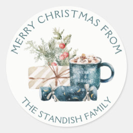 Adesivo Redondo Azul Teal Comida de Chocolate Quente Feliz Natal