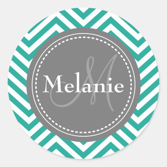 Adesivo Redondo Azul Teal e Cinza Monograma Zigzag (Frente)