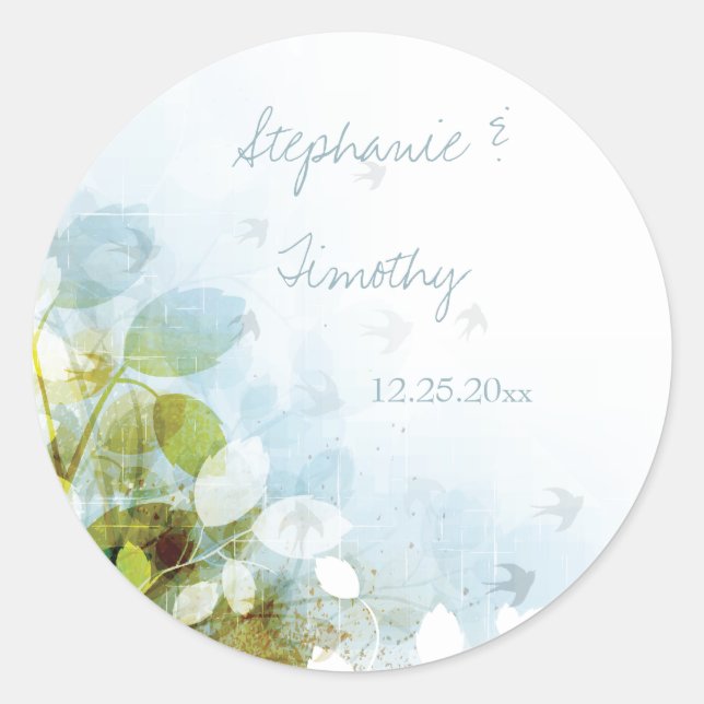 Adesivo Redondo Azul, verde-azeitona, aves de casamento (Frente)