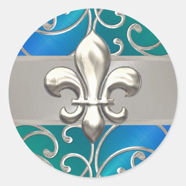 Adesivo Redondo Azul, verde, cinzas, espirres, flores de lis (Frente)
