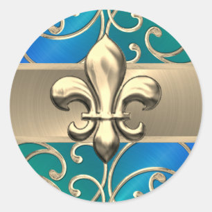 Adesivo Redondo Azul, verde e Dourado, espirradeiras Fleur de Lis
