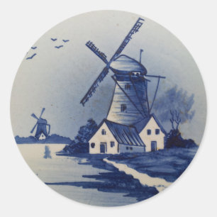 Adesivo Redondo Azul Vintage Delft Moinho de Vento Branco