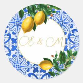 Adesivo Redondo Azulejo Azul de Lemon Casamento Monograma Verão