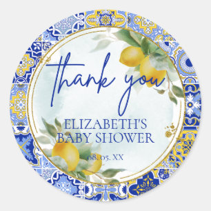 Adesivo Redondo Azulejo Azul Italiano Limões Citrus Script Obrigad