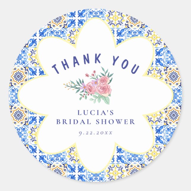 Adesivo Redondo Azulejo Azul Italiano Mamma Mia Obrigado (Frente)